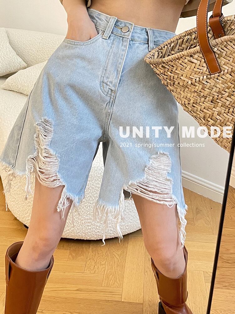 ジーンズ サマー薄手ハイウェストポケットショーツ レッド 夏物 ブルマー ビッグFスモールZ韓国47638015666