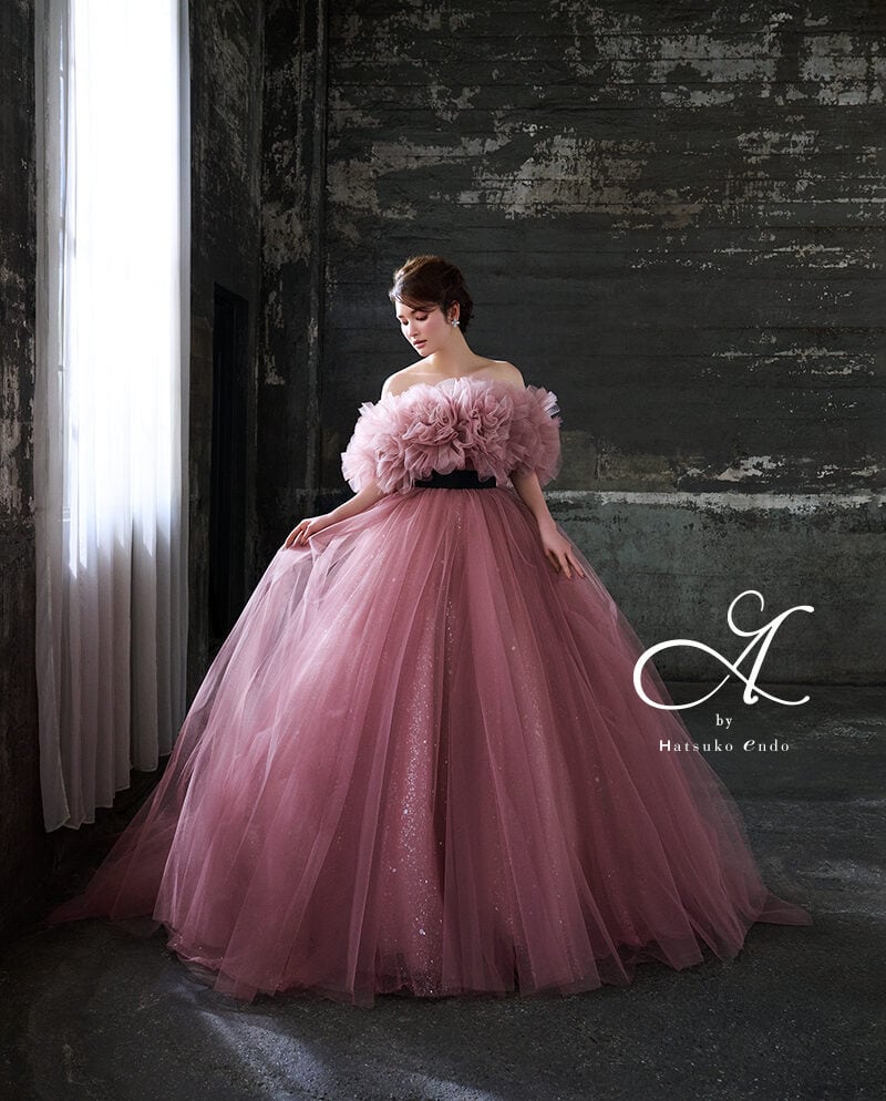 カラードレス オフショルダー キラキラグリッターチュール ベルト  