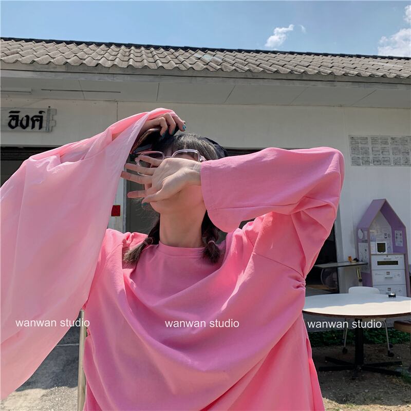 ピュアカラー長袖Tシャツレディース2020年初秋ニュースタイルルーズサイドスリットドローストリングデザインミドル丈トップス クレセントシティ30130368704