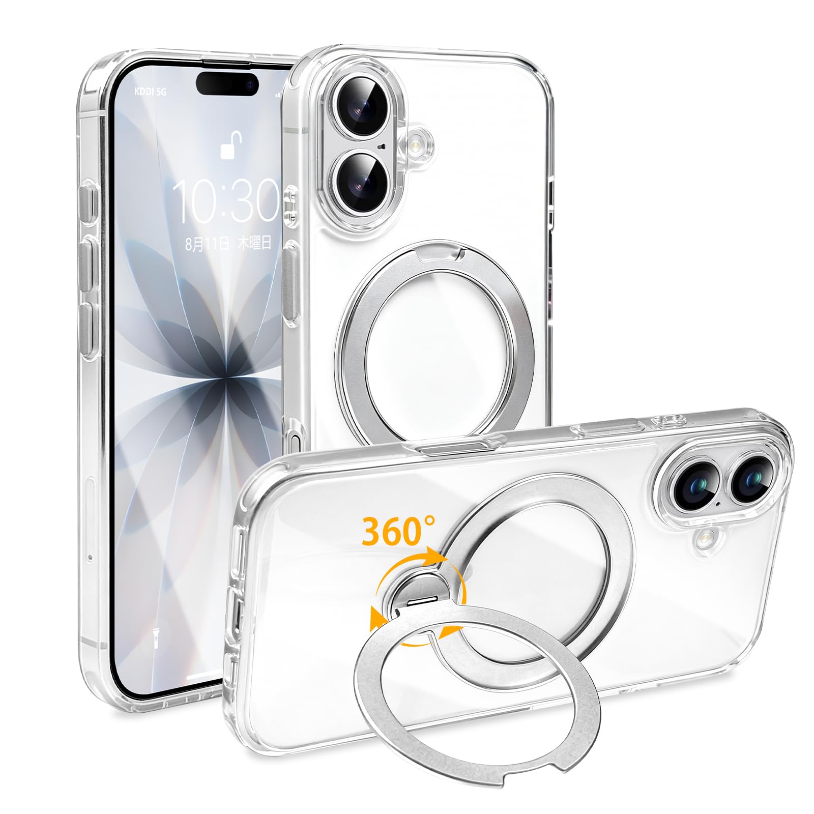 NPOFR SXMO For iPhone 17 用の ケース Magsafe対応 耐衝撃 多機能360°回転スタンド クリア あいふおん17 用の スマホケース マグネット搭載 縦横両立 角度自在 調整可能 透明 指紋防止 黄ばみなし 対応 アイフォン17 カバー 薄型 6.3インチ (シルバー)