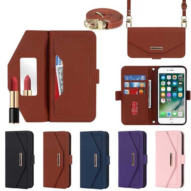 Eastwave アイフォン SE 2022 第3世代 ケース 縄掛けカバー for iPhone SE 2020 第2世代 手帳型 for iPhone 8 7 手帳 case チェック柄 鏡 ミラー付き 長ストラップ付き 肩掛け 革レザー 柔らかいTPU 多機能 財布型 カード収納 小銭入 れ スタンド機能 全面保護 5色 ブラウン