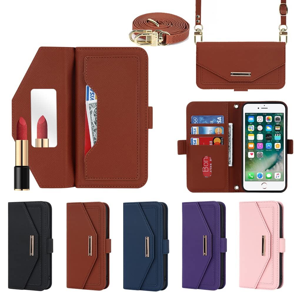 Eastwave アイフォン SE 2022 第3世代 ケース 縄掛けカバー for iPhone SE 2020 第2世代 手帳型 for iPhone 8 7 手帳 case チェック柄 鏡 ミラー付き 長ストラップ付き 肩掛け 革レザー 柔らかいTPU 多機能 財布型 カード収納 小銭入 れ スタンド機能 全面保護 5色 ブラウン