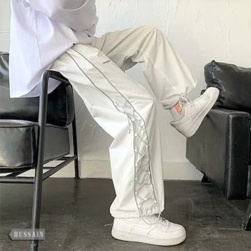 【3日以内出荷】かっこいい！スラックスパンツワイドパンツゆるっとストリート ジャージ パンツ サイドライン レースアップ スポーティー ユニセックスレディース 韓国ファッション