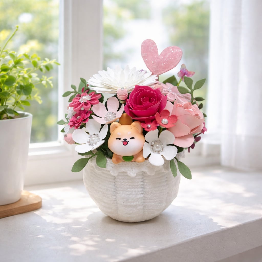 可愛いわんこと枯れないお花♡ ペーパークイリングのフラワーアレンジ