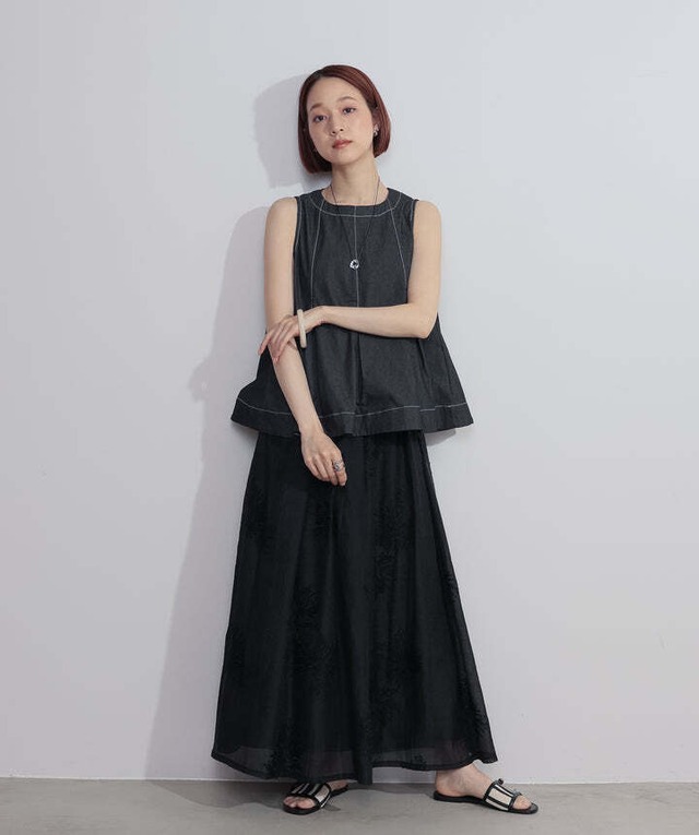 2605003フラワー刺繍シアースカート black