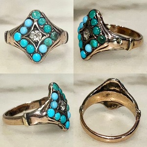 antique 9ct gold diamond & 12turquoise ring