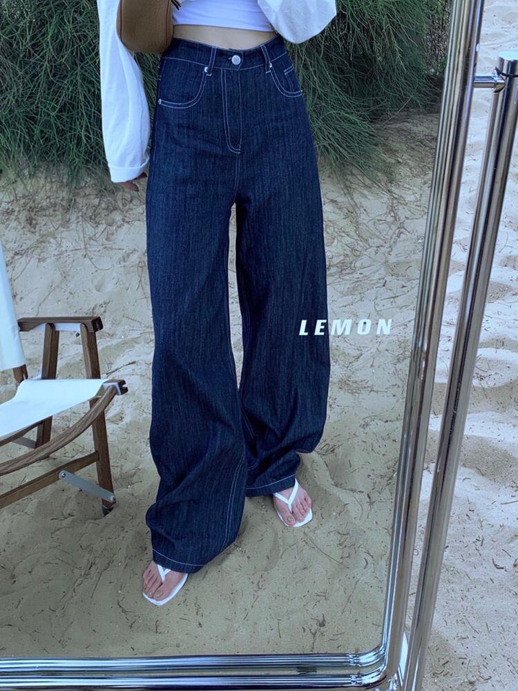 ワイドレッグジーンズ レディースオータムウェストダークルーズスリムロングパンツ ストリート 秋物 ワイドパンツ ビッグFスモールZ韓国29136055855