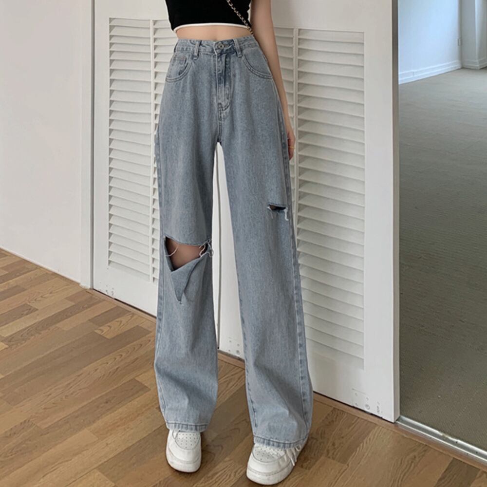 ハイウエスト ダメージ デニムパンツ レディース ストリート系 