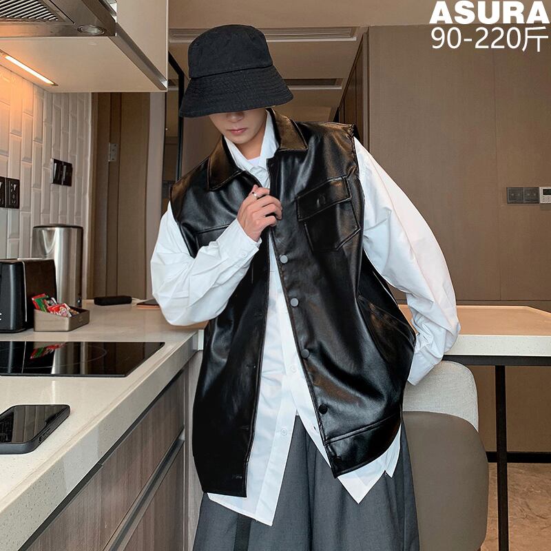 レザーノースリーブジャケット スプリングカジュアルルーズ ストリート 大きめサイズ 春物 ASURAプラスサイズメンズ96053773483