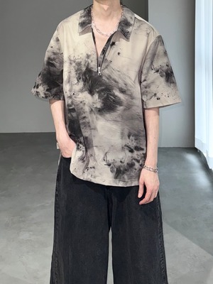 half zip marble shirt pullover / gray beige