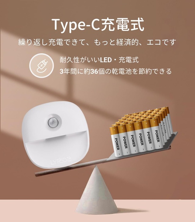 LYRIDZ 人感センサーライト usb充電式 足元灯 足元ライト 無段階調光 センサーライト led 常夜灯 3モード フットライト 電球色 省エネ 薄型 廊下 寝室 玄関 階段 納戸 室内用 【3個入り·日本語取説】