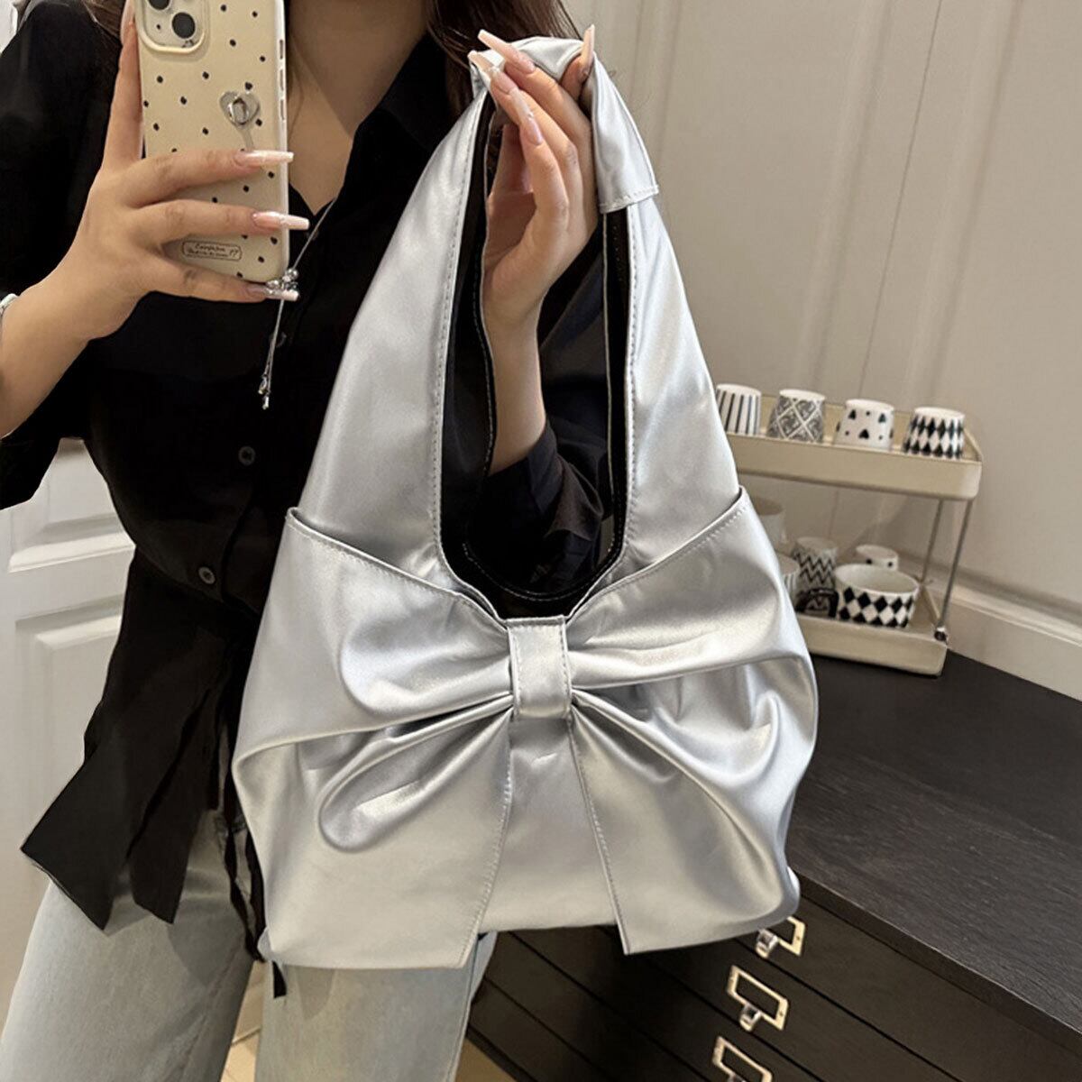 ビッグリボン トートバッグ ワンショルダー レディース A4 大容量 軽量 PUレザー 韓国 バッグ 大人 かわいい フェミニン きれいめ カジュアル 大人可愛い 大人女子