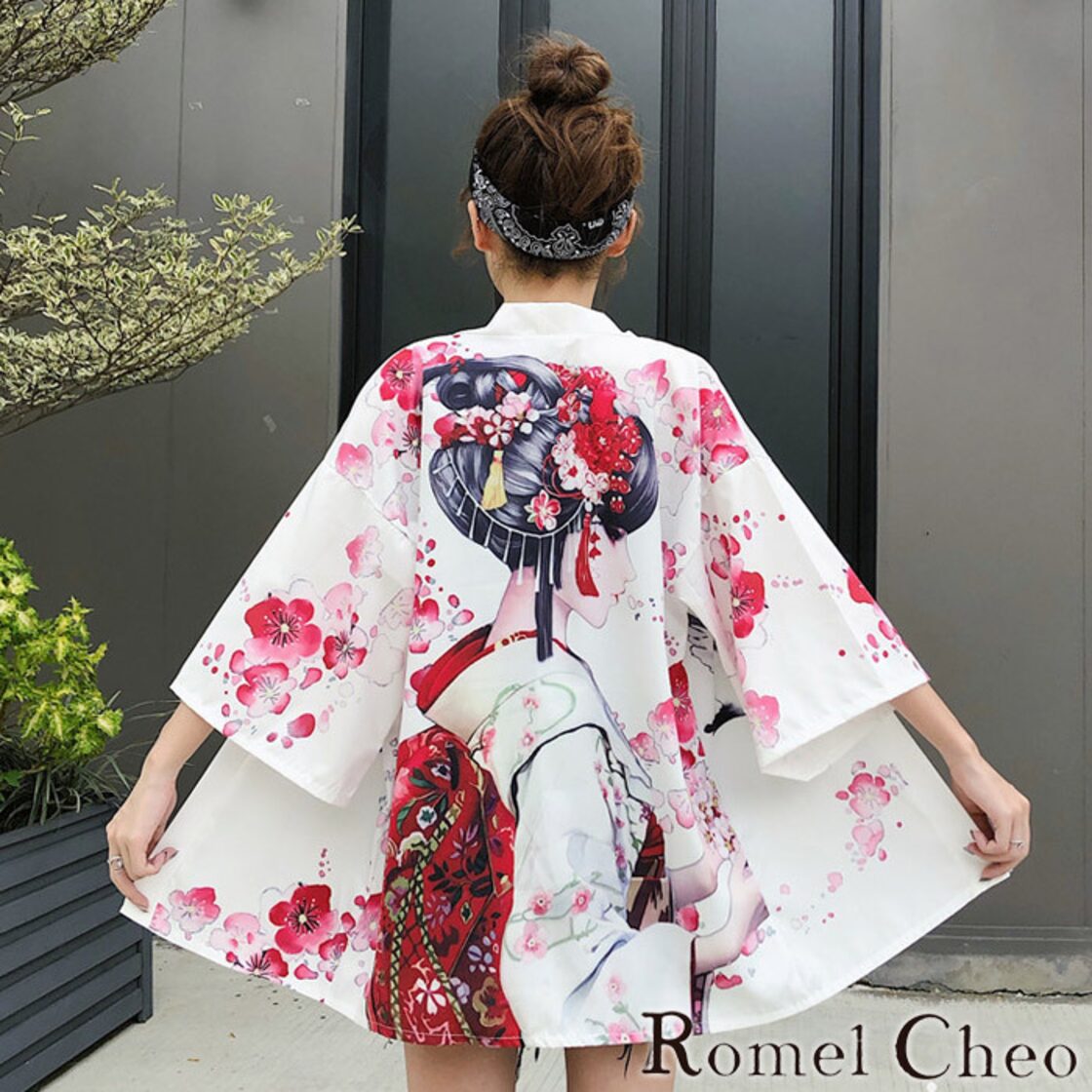 RomelCheo 舞妓花柄羽織 七分袖 和柄 和風 シャツ 総柄 羽織り 夏 