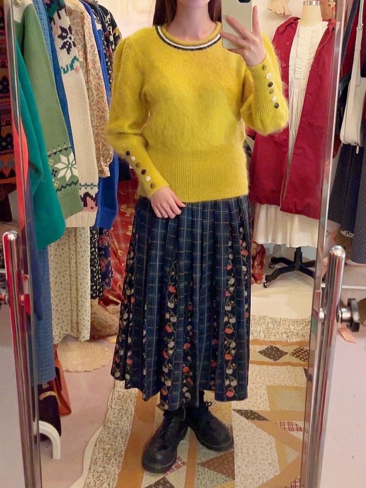 blue check flower tuck skirt