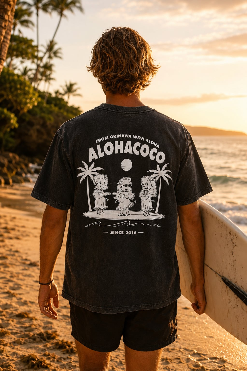 SUNSET HULA GIRL TEE (フェードブラック)