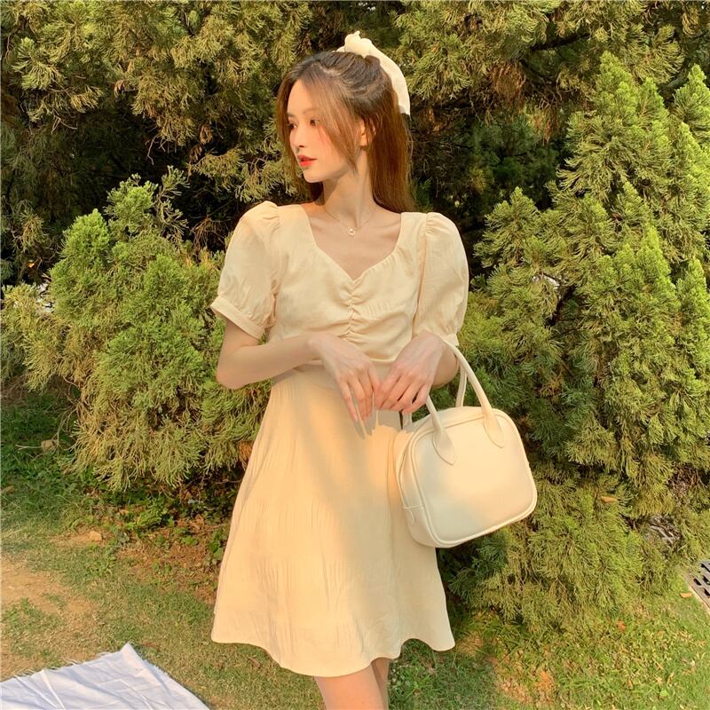 ドレス サマースタイルVネックイエローバックAラインスカート 夏物 YY-ファッション77716925834