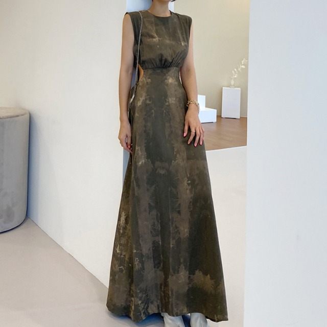 Open waist ink print dress S1333