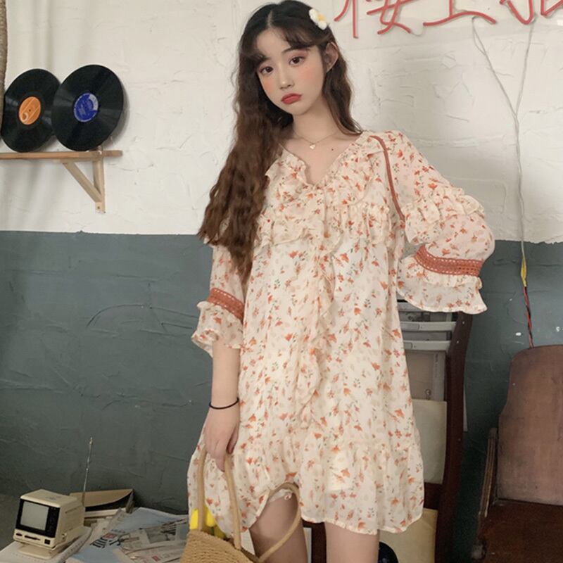 スカート サマースタイルフローラルハイウェストウェストVネックシフォンドレス レディース 夏物 花柄 萌量不足7694115518