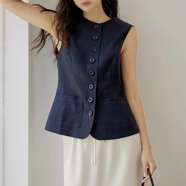 リネンノースリーブストレートヘムベスト　U0474