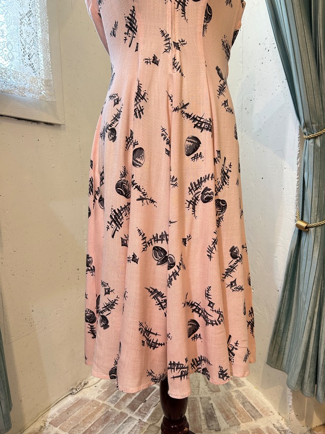 50's black×pink novelty print dress