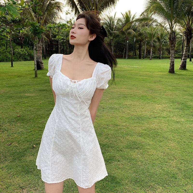 カラー刺繍ホワイトドレス ウェストAラインスカート オータム 秋物 ウィンター 冬物 スクウェア YY-ファッション19896019164