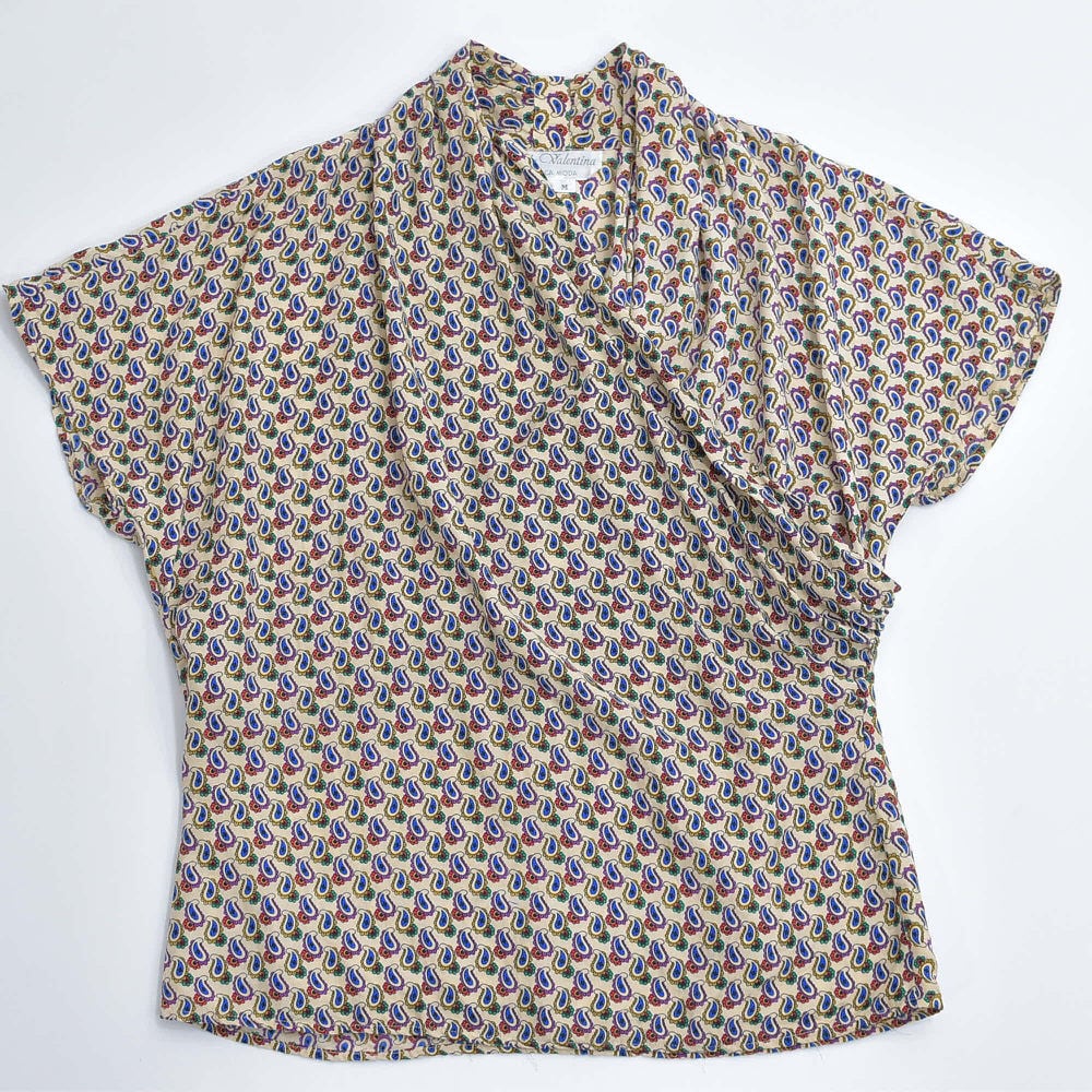 80～90s Balla Valentina バラバレンティナ ペイズリー柄 ドレープデザイン 半袖 シルク カシュクールブラウス ドルマンスリーブ マルチカラー ベージュ ヴィンテージ 絹 ビンテージ 古着 レディース Mサイズ 80～90s Balla Valentina バラバレンティナ ペイズリー柄 ドレープ