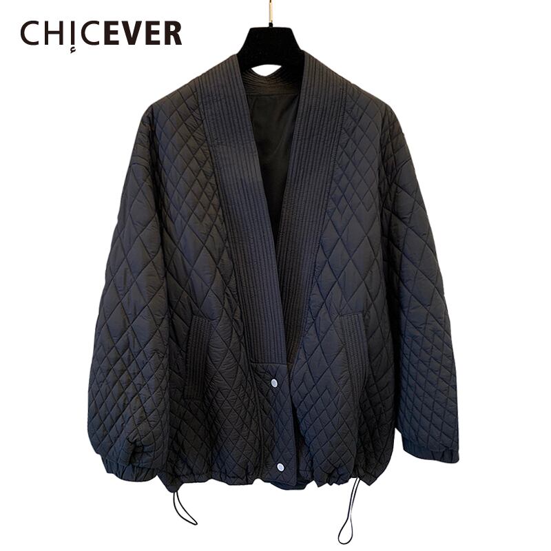 CHICEVERコットンコートレディースVネック長袖パッチワークアーガイルルーズ厚手服サストランスコート2020タイド ロング 6base525385641870
