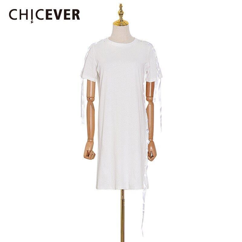 CHICEVERレースアップ蝶結びドレス女性Oネック半袖中空アウト特大ルーズドレス2020年春 ショート リボン ハーフスリーブ スプリング 春物 6base575396399384