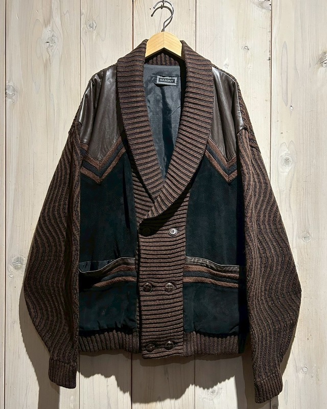 【a.k.a.C.a.k.a vintage】“SAXONY” Leather Switching Vintage Loose Knit Jacket