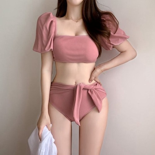 ビキニ 水着 レディース チューブブラ 半袖 スクエアネック オフショル 水着 ビキニ ウエストリボン ピンク ニュアンスカラー デコルテ ビキニ 水着 レディース チューブブラ 半袖 スクエアネック