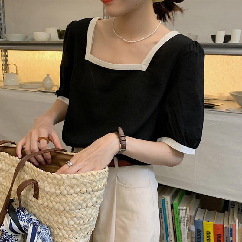 カラースリーブドレス サマーブラックシャツ 夏物 スクウェア スーパーモール21078709302