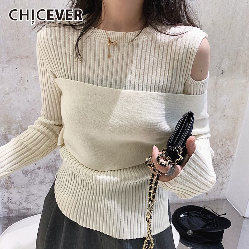 CHICEVERセーター女性Oネック長袖ルーズ特大中空アウトパッチワークニットセーター2020 ロング 6base567615607059