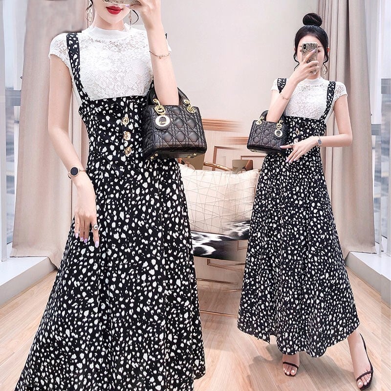 set】セットアップ人気レースシャツ+スリットサスペンダーワンピース N