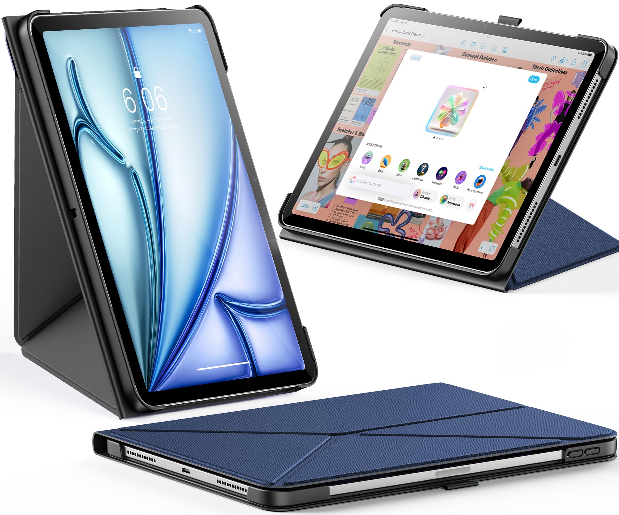 INFILAND iPad Air 11インチ (M3/M2 2025/2024) & iPad Air 第5/4世代 (2022/2020) 対応ケース スリム折りたたみ式ブックスタイルカバー ペンホルダー付き 多角度調整マグネットスタンド オートスリープ機能搭載 (ネイビーブルー)