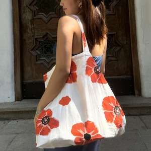 red floral white canvas tote bag<b3079>