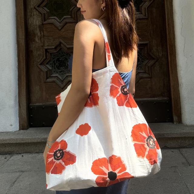 red floral white canvas tote bag<b3079>
