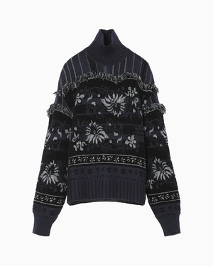 【Mame Kurogouchi】Floral Arabesque High Neck Knit Top -black