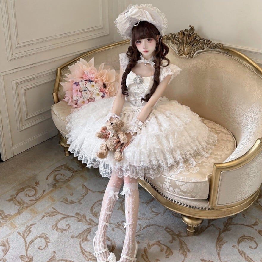 ロリータファッション レースボンネット ホワイト ロリータファッション 甘ロリ 白レースビッグリボン姫系ボンネット