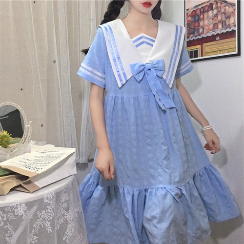 ✞ ☆ネイビーリボンブルーワンピースドレスOP スカート ロング スウィート ✞ゴスロリ SM ミリ 甘ロリ クラロリ 和ロリ エレガント 黒ロリ 姫ロリ 華ロリ BB-BB4240886