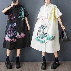 ILLUSTRATION PRINT HALF SLEEVES A-LINE MIDI SHIRT DRESS 2colors M-16713