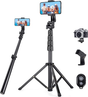 【新着特価】スマホ 三脚 最大高172cm2 in 1 自撮り棒三脚 450g軽量 アルミニウム合金4段階伸縮 360角度調節 電話ホルダー付きスタンド すべてのスマホ機種対応 iPhoneシリーズ/Androidシリーズ