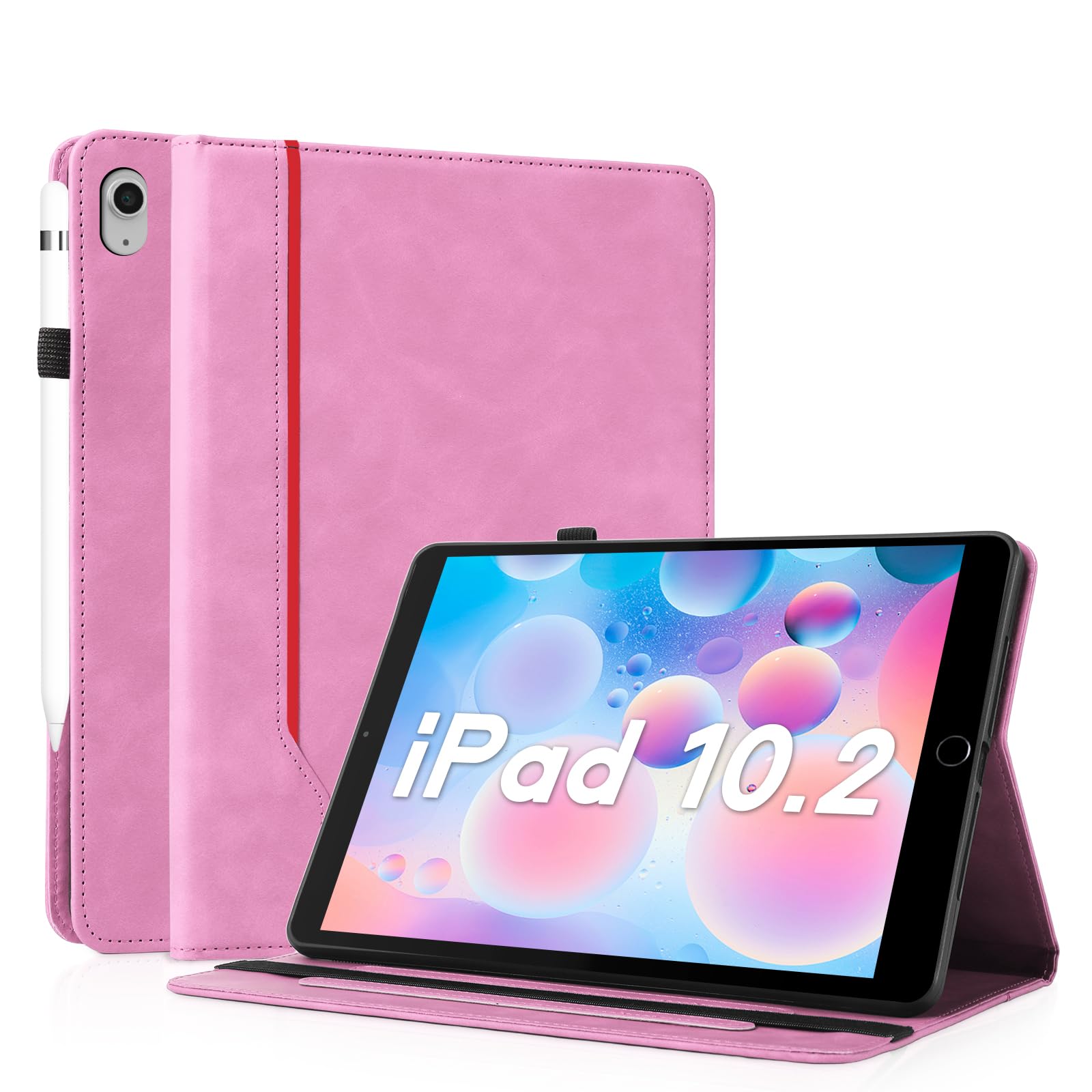 【CASAFUNY】iPad 9/8/7 ケース (10.2インチ、2021/2020/2019モデル、第9/8/7世代) 耐衝撃 傷つけ防止 PUレザー カバー Apple Pencil 収納可能 オートスリープ/ウェイク機能対応 おしゃれ 軽量 シンプル ビジネス風 カードポケット スタンドケース(ピンク)