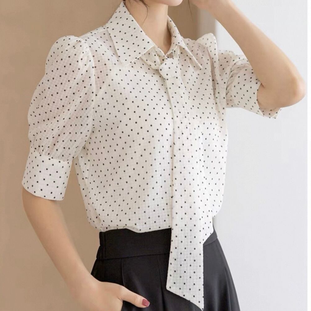 半袖リボン付きラペル通勤トップス YH8985