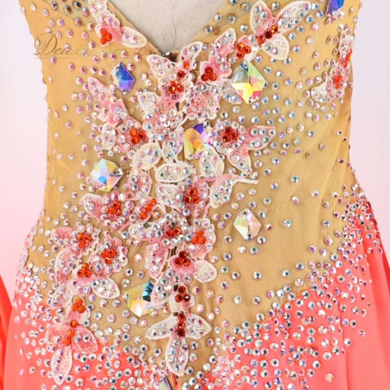 社交ダンス 衣装 スタンダードドレス ドレス スタンダード ワンピース デモ フロート フリル パーティ 発表会 蛍光 ピンク系 オレンジ系 かわいい おしゃれ 豪華 デザイン パーティー 衣装 モダン 美しい フェスティバル イベント 舞台 ステージ