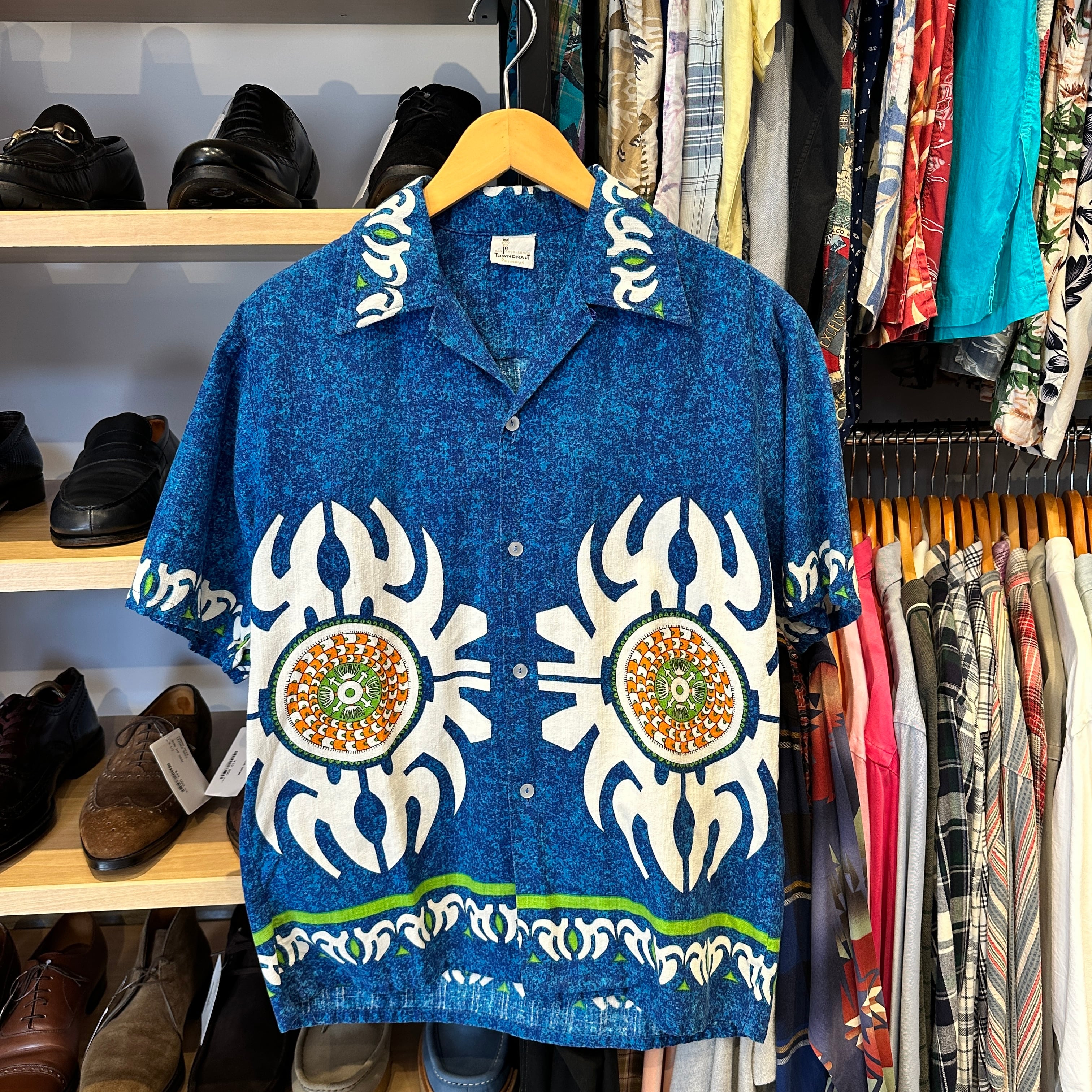 良色◎ 60s 70s towncraft ブルー ドレスシャツ DM1528 1970s TOWN CRAFT HAWAIIAN SHIRT BLUE | safarionline