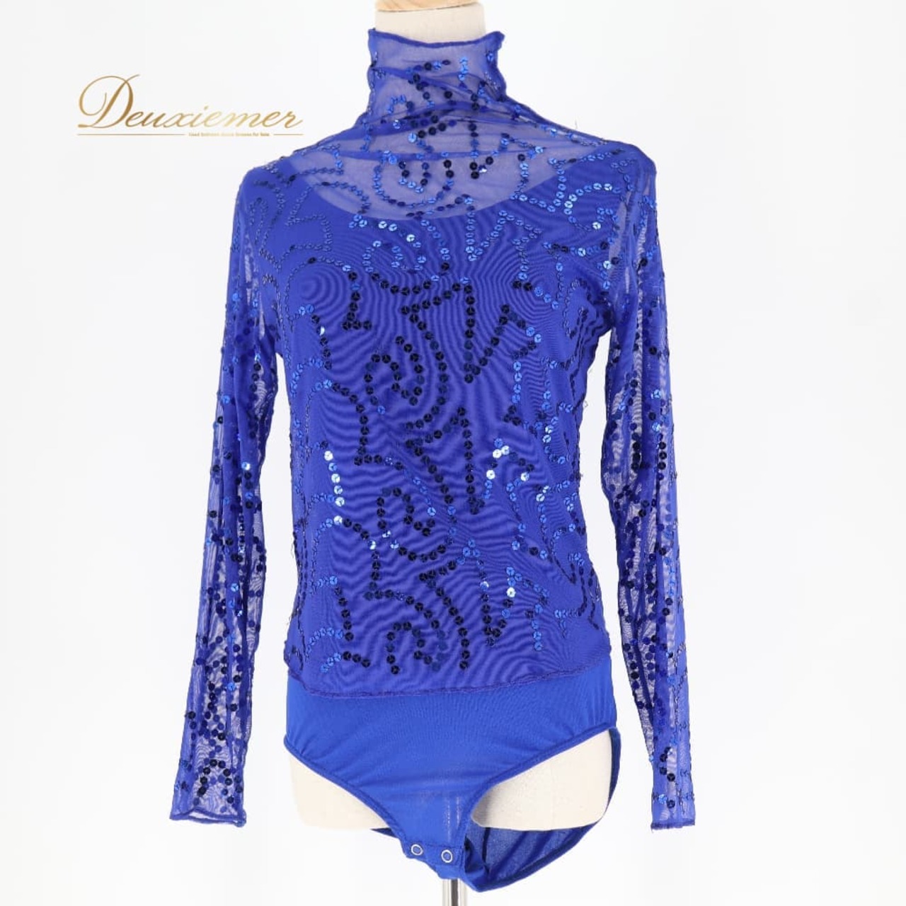 社交ダンス 衣装 Marcus＆Karen Hilton マーカスカレンヒルトン Chacott チャコット レオタード トップス レッスンウェア ブルー系 青 スパンコール 透け感 チュール ハイネック キラキラ 華やか 鮮やか かわいい おしゃれ 練習着 レッスン着