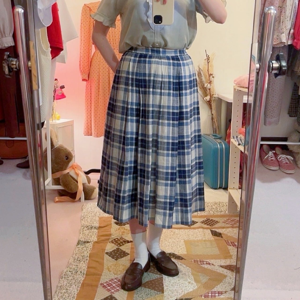 blue check linen tuck skirt