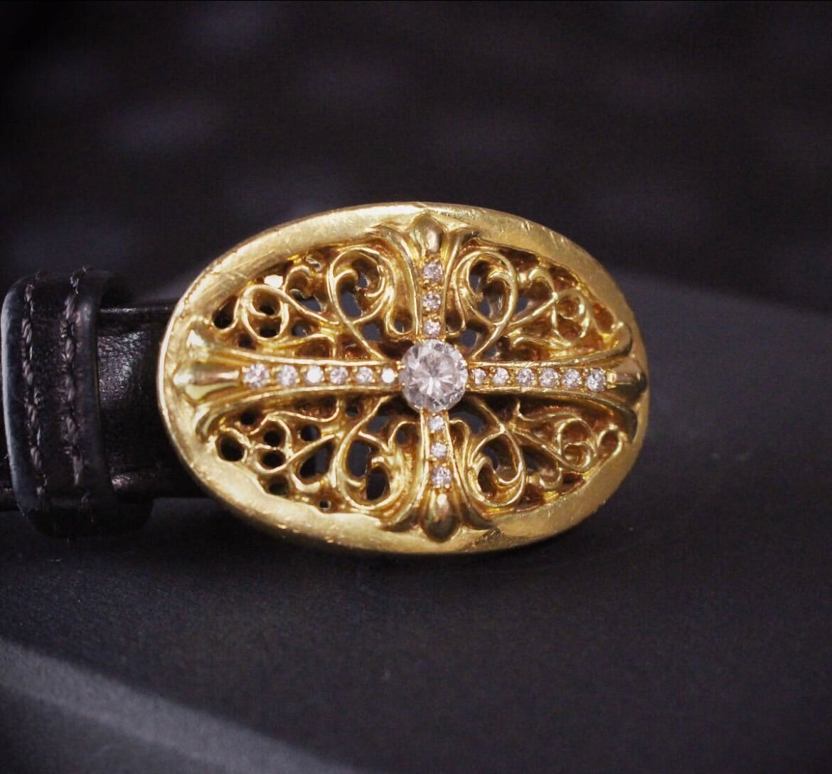 CHROME HEARTS クロムハーツ 22k オーバルクロス レザーブレスレット