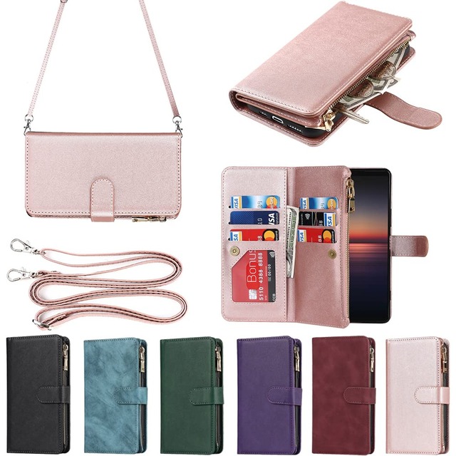 Eastwave for Xperia 1 II ケース for Sony Xperia 1ii SO-51A / SOG01 縄掛けケース 手帳型 財布型 ICカード コインポケット ストラップ付き カード 収納 小銭入れ ファスナーポケット付き PUレザー 6色 ピンク