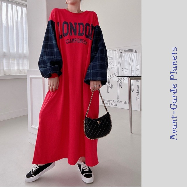 Checkered Lantern Sleeve Long Dress（4color）［A0019］